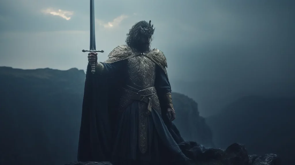 cinematic scene of a king holding a sword