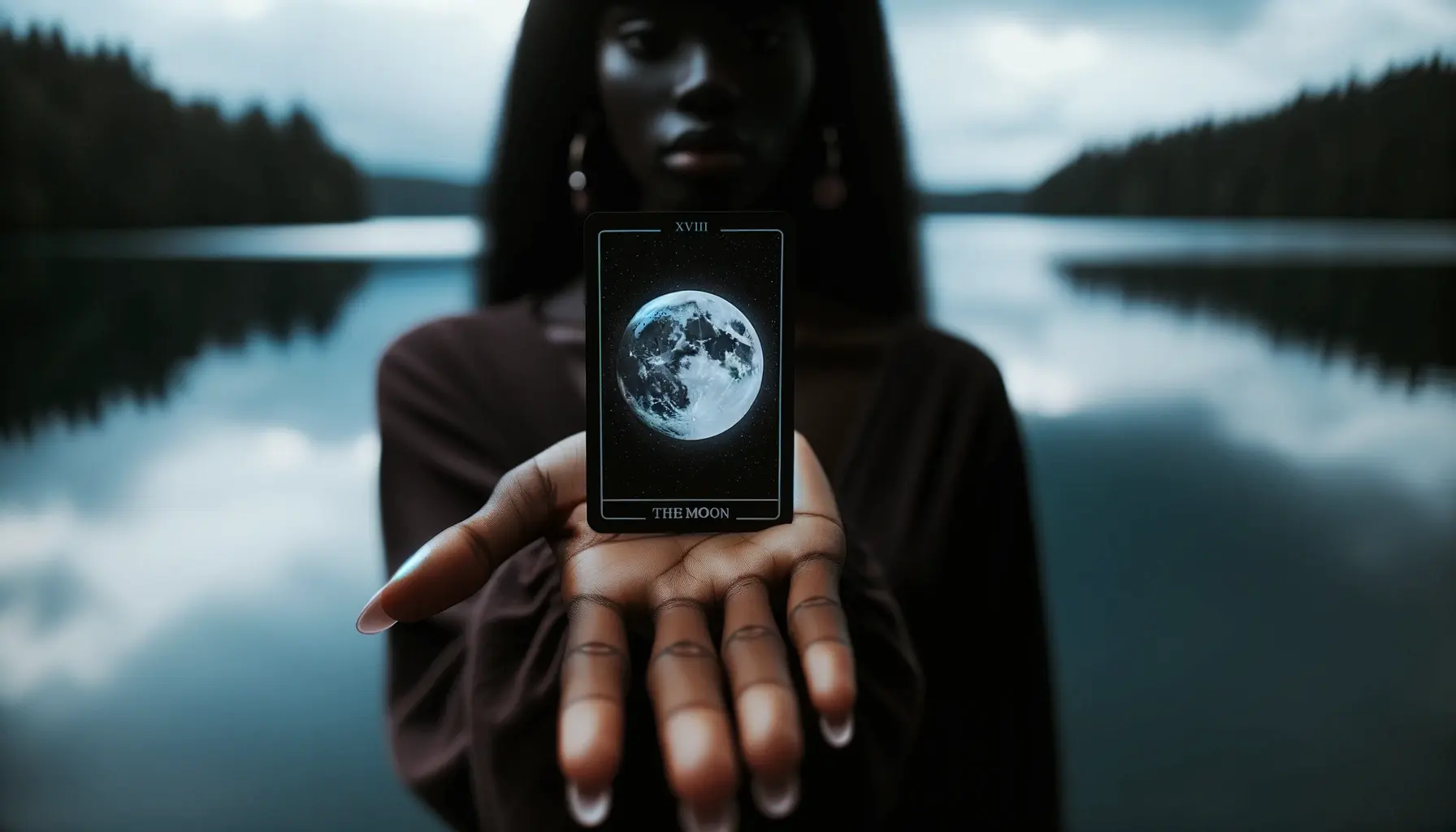 a woman presenting the moon tarot card to the viewer