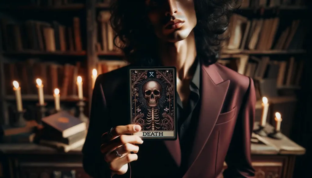 Photo of a person holding a large, intricately designed death tarot card