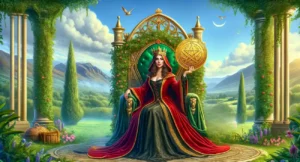 digital rendition of queen of pentacles tarot card