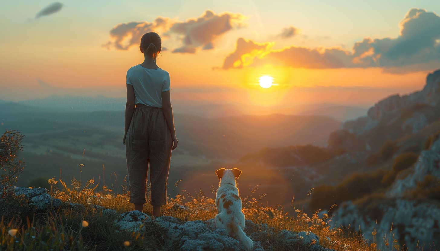 woman looking at sunset with her dog