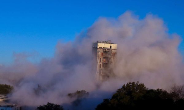 a tower surrounded with smoke