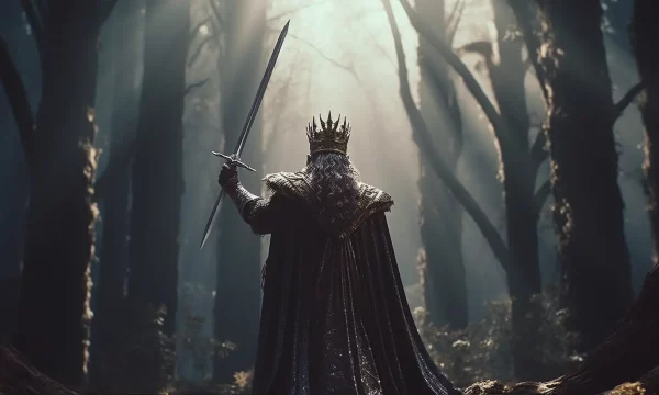 king holding a sword- n a forest