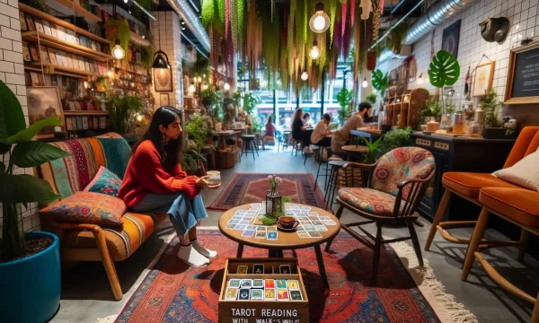 photo of a vibrant tarot reading nook in a bustling urban cafe