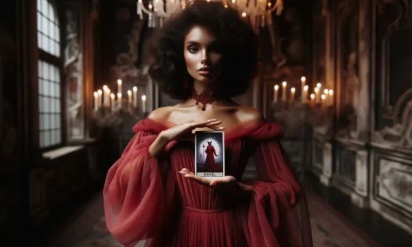 photo of a woman in a red dress presenting the devil tarot card