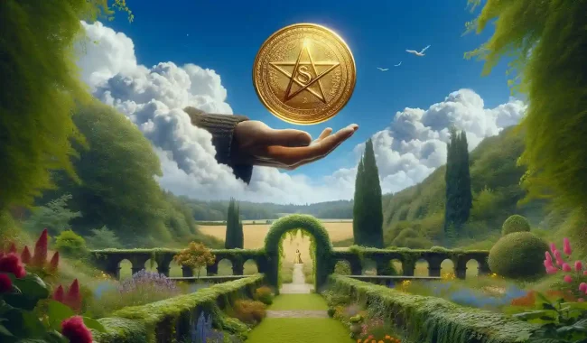 realistic illustration of the ace of pentacles tarot card