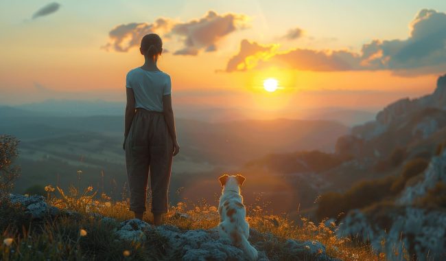 woman looking at sunset with her dog